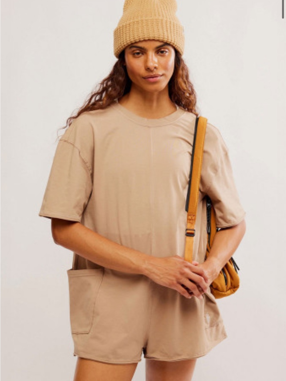 Free People Movement Hotshot Tee Shirt Romper in Mocha Brown Latte size Med